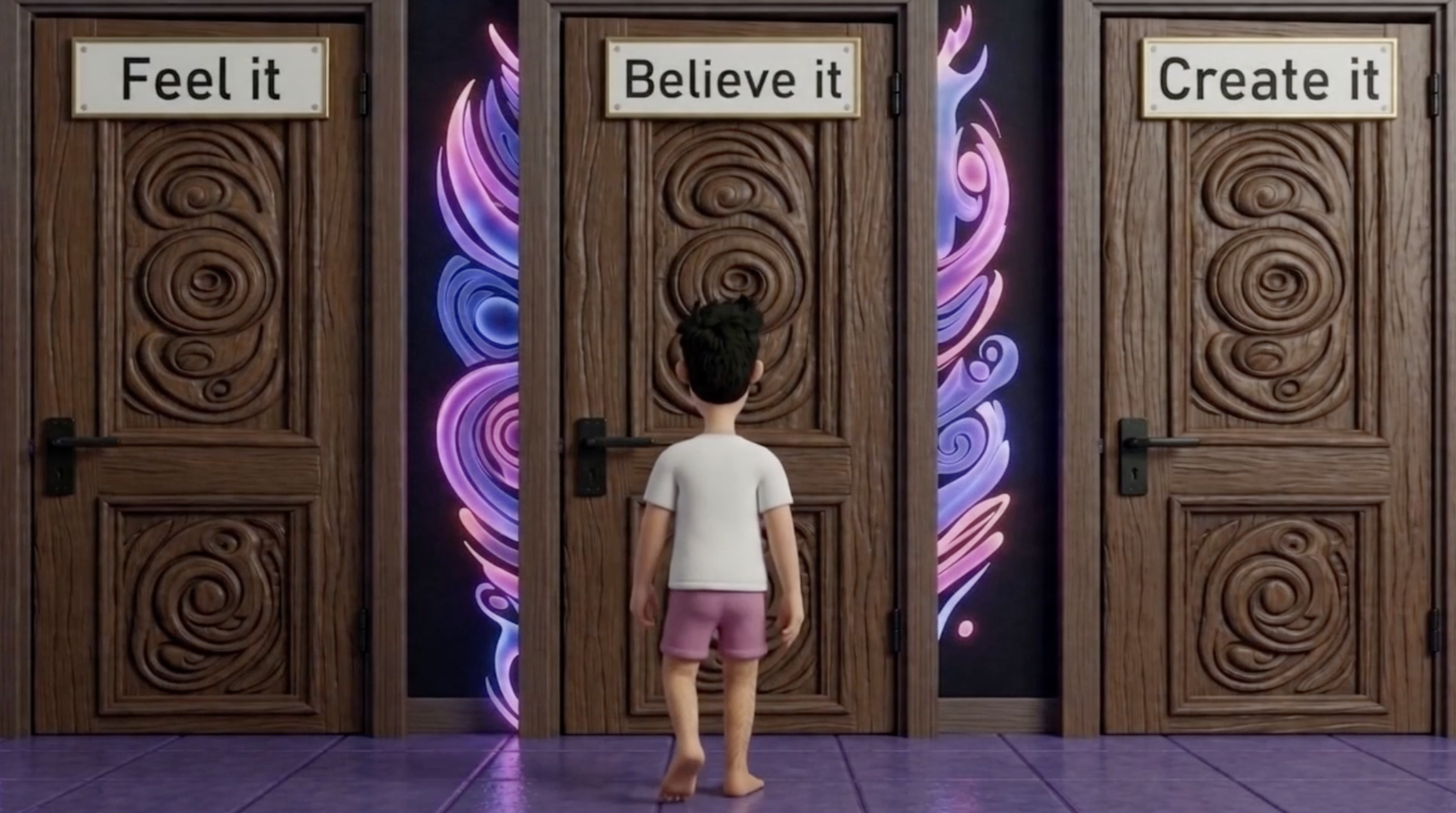 Lucas standing before three carved doors: Feel it, Believe it, Create it